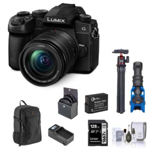 panasonic lumix g95 mirrorless camera with lumix g vario 12-60mm f/3.5-5.6 mft lens bundle with 128gb memory card, backpack, extra battery, charger, mic, tripod, 58mm filter kit, cleaning kit