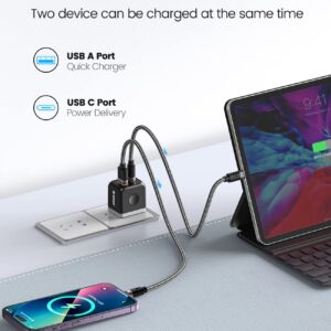 ORICO GaN USB C Charger with USB C Cable, 30W Power Delivery + QC3.0 USB A Double Port Fast Charging Adapter, Mini Wall Charger Compatible with iPhone 14 13 12 Pro Max Galaxy, iPad, MacBook Air