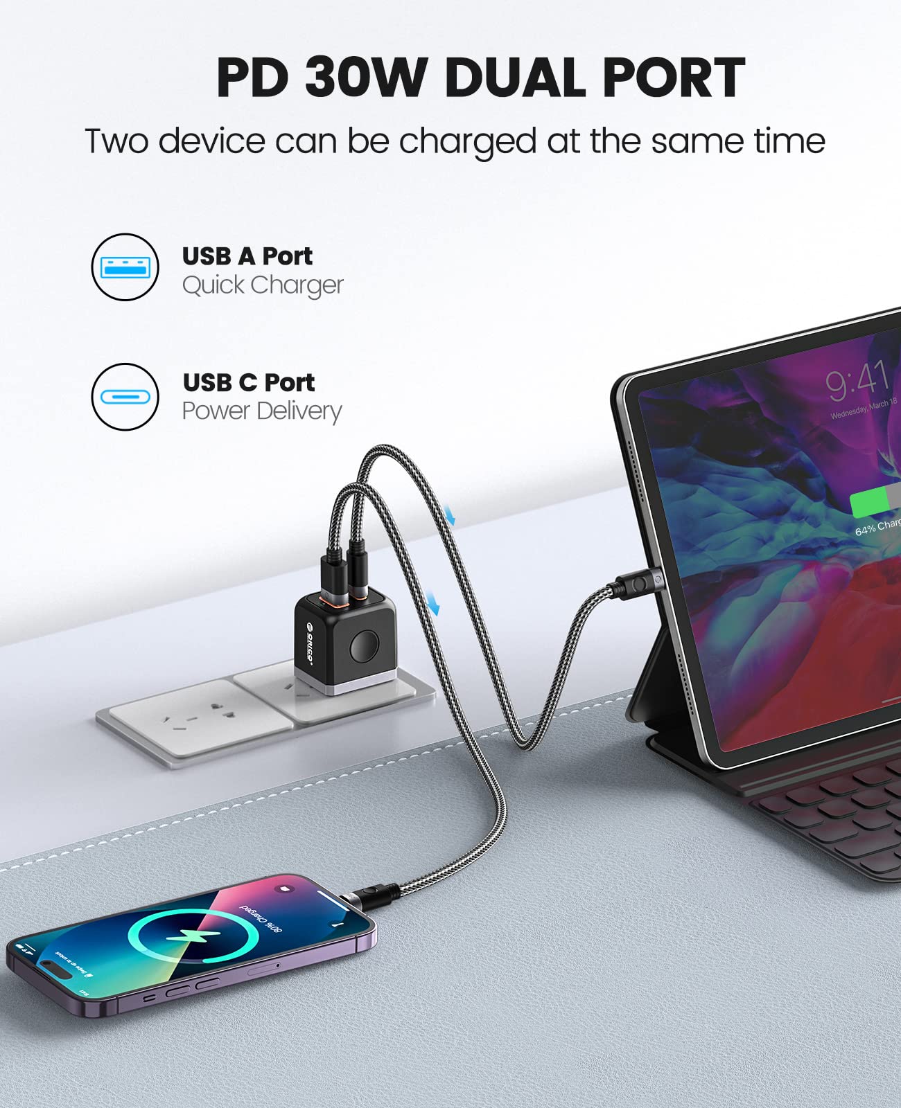 ORICO GaN USB C Charger with USB C Cable, 30W Power Delivery + QC3.0 USB A Double Port Fast Charging Adapter, Mini Wall Charger Compatible with iPhone 14 13 12 Pro Max Galaxy, iPad, MacBook Air