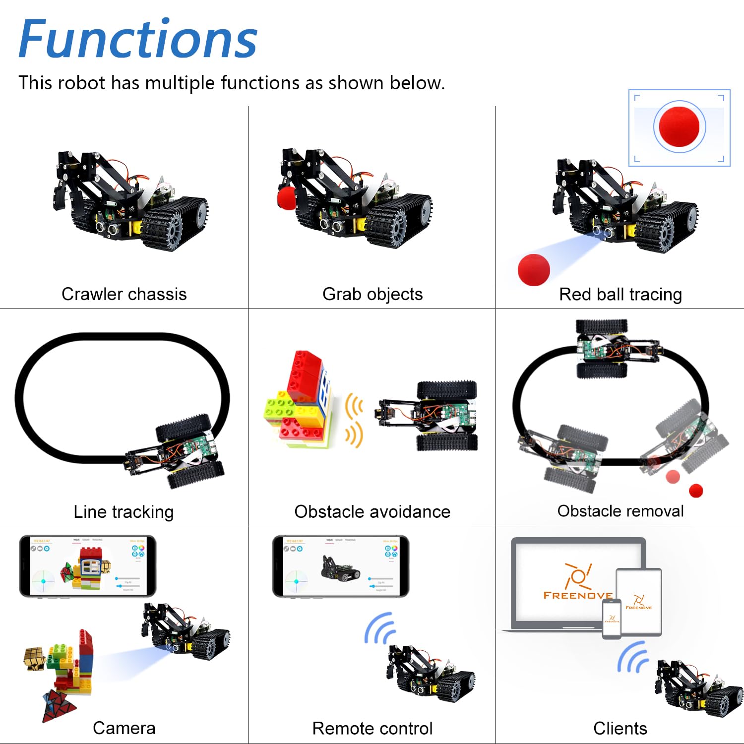 Freenove Tank Robot Kit for Raspberry Pi 4 B 3 B+ B A+, Crawler Chassis, Grab Objects, Ball Tracing, Line Tracking, Obstacle Avoidance, App Control, Camera, Servo (Raspberry Pi NOT Included)