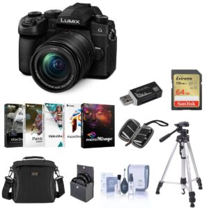 panasonic lumix g95 mirrorless camera with lumix g vario 12-60mm f/3.5-5.6 mft lens bundle with 64gb sd card, shoulder bag, corel pc software suite, tripod, 58mm filter kit, and accessories