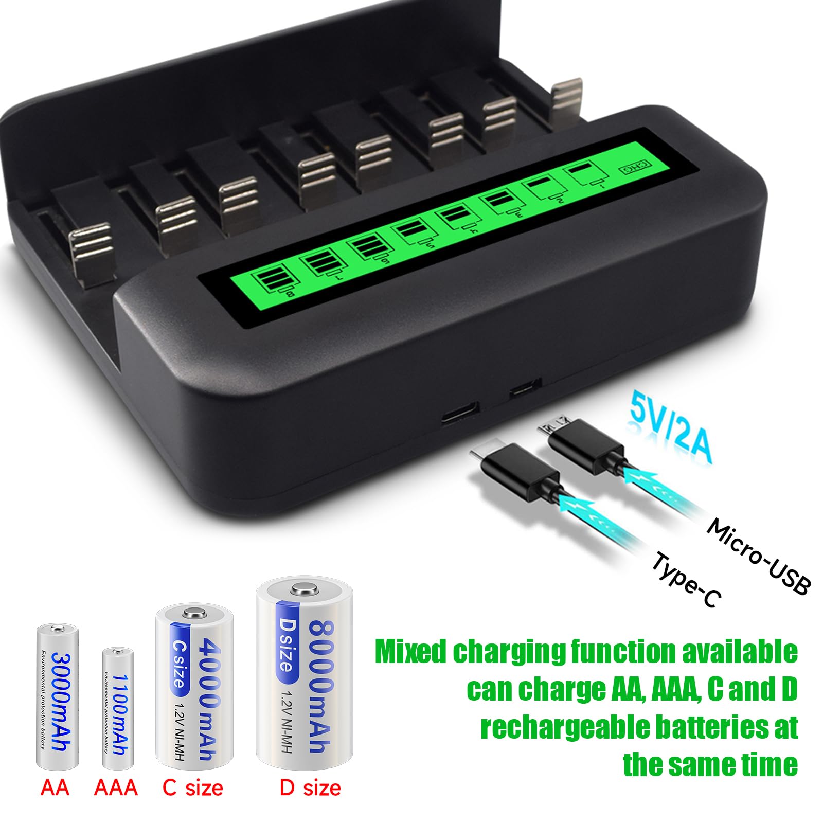 Rechargeable D Batteries with LCD Display Universal Battery Charger for AA/AAA/C/D 1.2V NI-MH NI-CD Rechargeable Battery（6 Pack ）