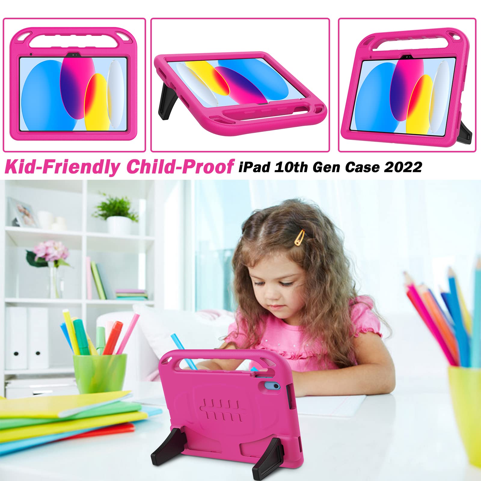 LTROP Kids Case for iPad 10th Generation 2022 10.9 inch, iPad 10th Gen Case [Built-in Screen Protector] Child-Proof Handle Kickstand Cover Case for iPad 10.9 10th Generation for Toddler Girl Hot Pink