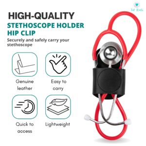 Stethoscope Holder Hip Clip | Genuine Leather Elastic Strap Stethoscope Clip for Nurses, Doctors, & More | Black Stethoscope Cover Sleeve | Stethoscope Case | Stethoscope Accessories