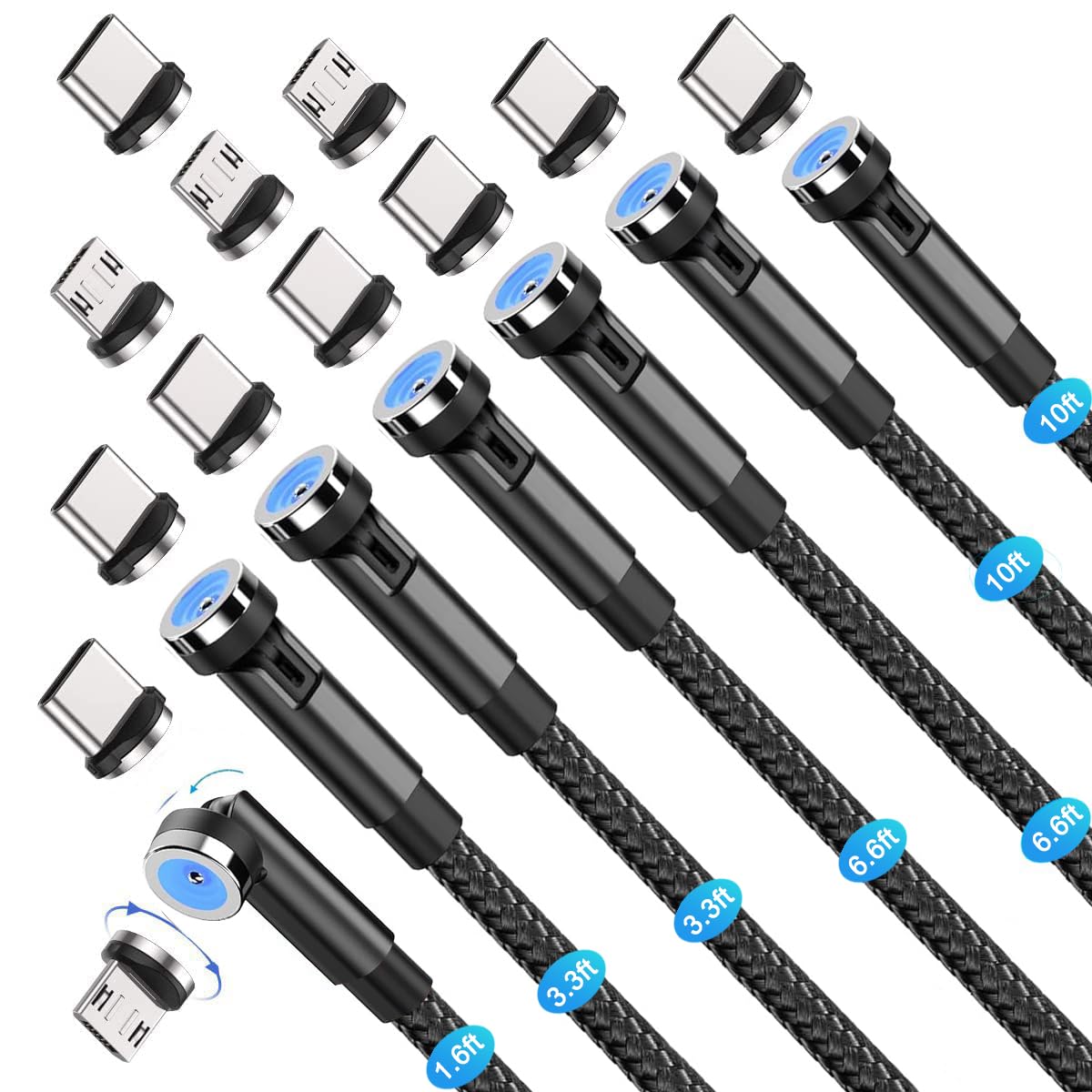 Bojianxin 540° Rotation 3 in 1 Magnetic Charging Cable（7-Pack, 1.6ft/3.3ft/6.6ft/6.6ft/10ft/10ft, Magnet Phone Charger Compatible with Micro USB, Type C Device