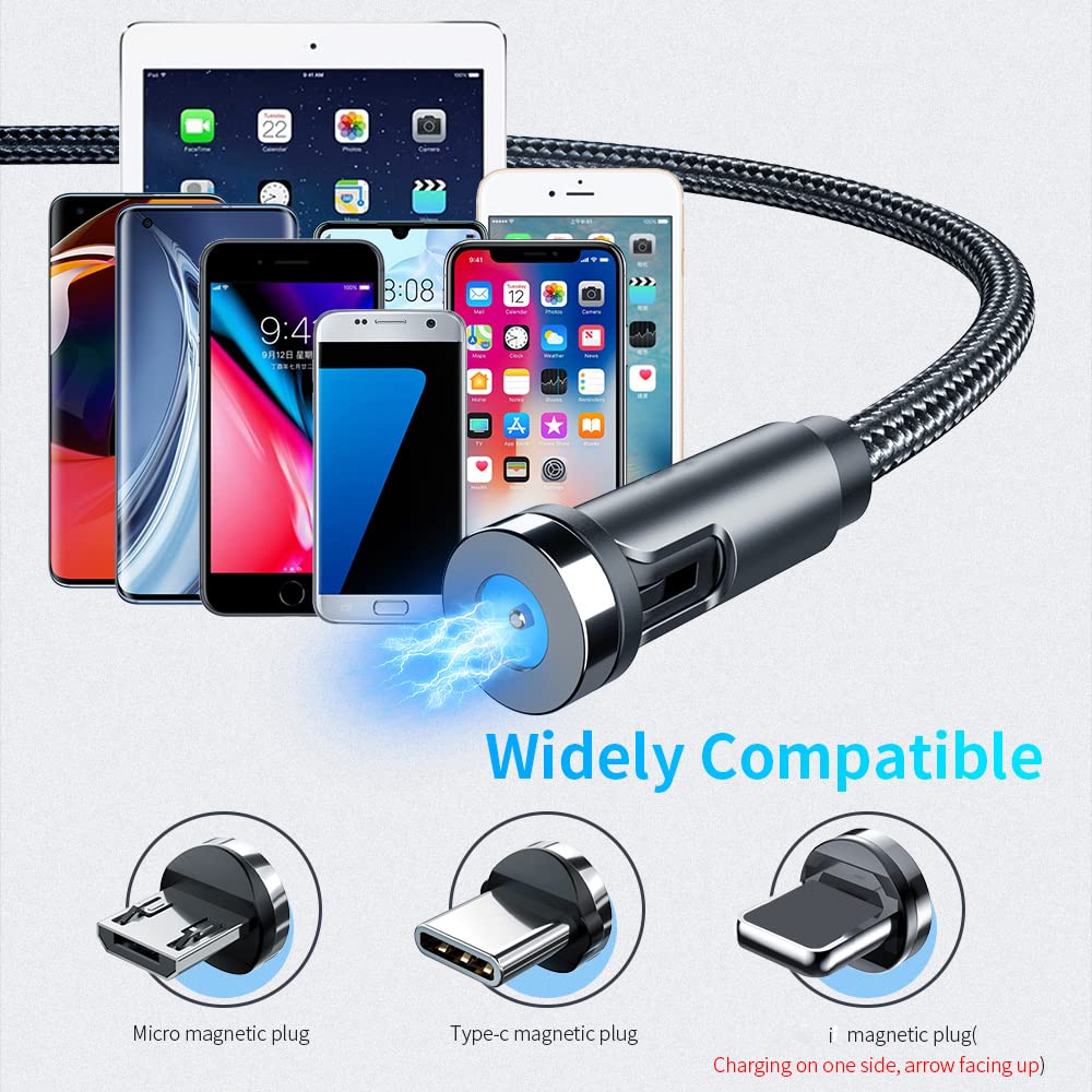 Bojianxin 540° Rotation 3 in 1 Magnetic Charging Cable（7-Pack, 1.6ft/3.3ft/6.6ft/6.6ft/10ft/10ft, Magnet Phone Charger Compatible with Micro USB, Type C Device