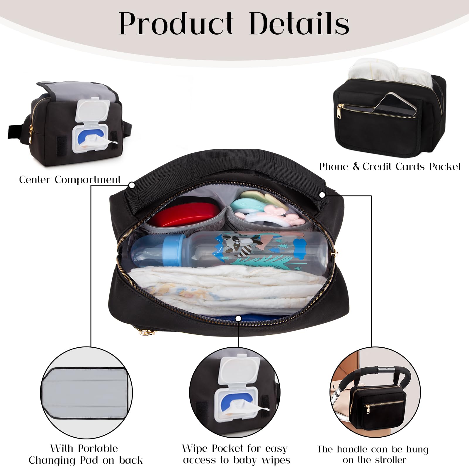 printe Small Diaper Bag with Portable Changing Pad, Crossbody Diaper Bag Pack with Wipes Pocket, Women Waist Bag for Travel, Stroller Diaper Bag, Black