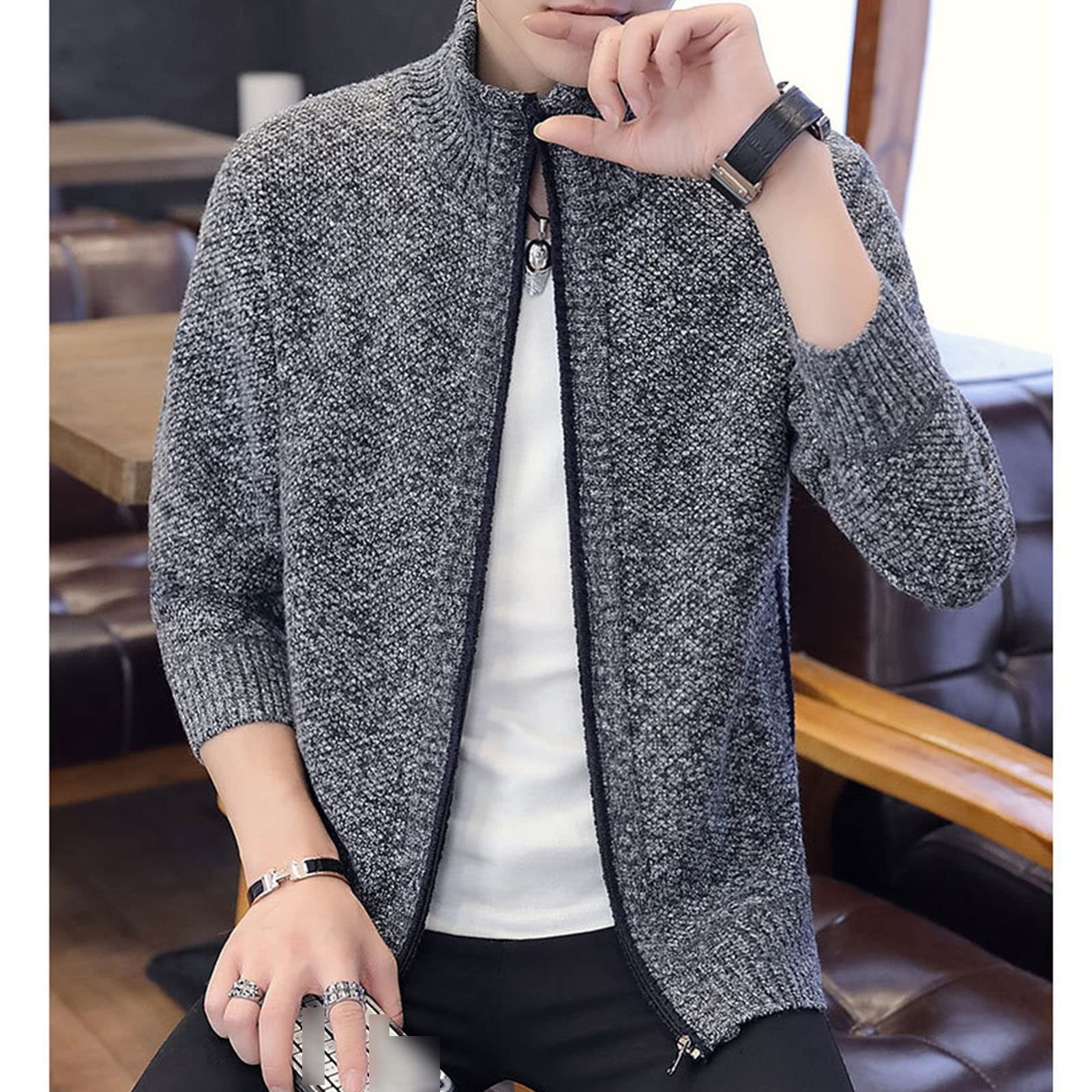 Maiyifu-GJ Men's Full Zip Cardigan Sweater Soft Slim Fit Sweaters with Pockets Stand Collar Lightweight Warm Coat (Dark Grey,Large)