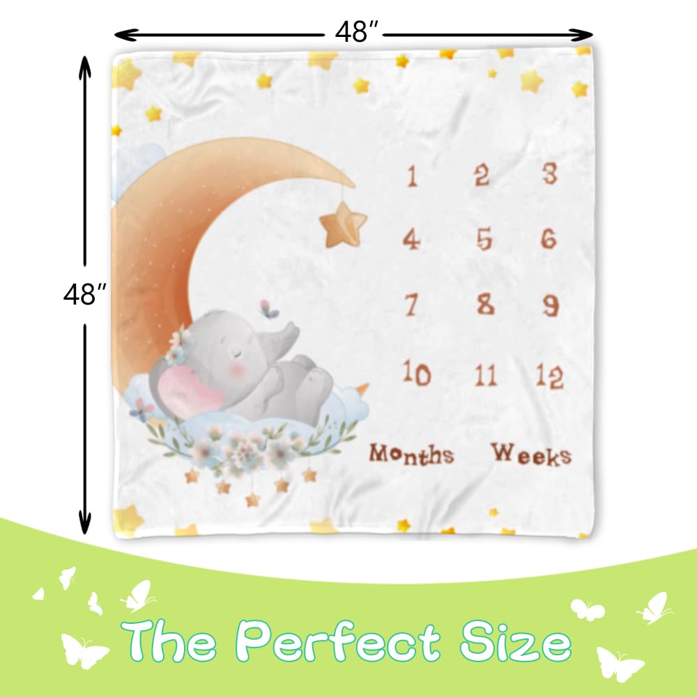 QICAIYUN Baby Milestone Monthly Blanket Elephant Desgin Baby First Year Calendar Growth Chart Play Mat Large 48" x48'' Baby Photography Props YUNBTZT114