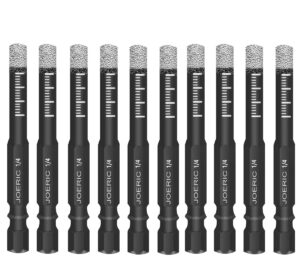 joeric 1/4" dry diamond drill bit set, 10 pcs 6mm ceramic drill bit diamond core drill bit tile drill bit with storage case for granite marble tile ceramic stone glass (not for wood)