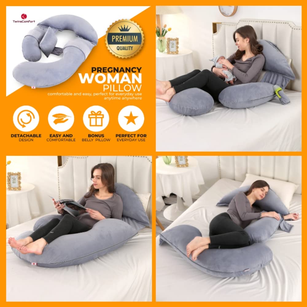 TwinsComfort Full Pregnancy Pillow with 2 Pockets - Maternity Body Pillow for Sleeping, Nursing, Leg, Arm, Back & Belly Support - Breastfeeding Pillow with Extra Pillow, Removable & Washable Cover