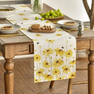 Artoid Mode Yellow Flowers Daisy Bees Summer Table Runner, Seasonal Easter Fall Holiday Kitchen Dining Table Decoration for Home Party Indoor 13x72 Inch