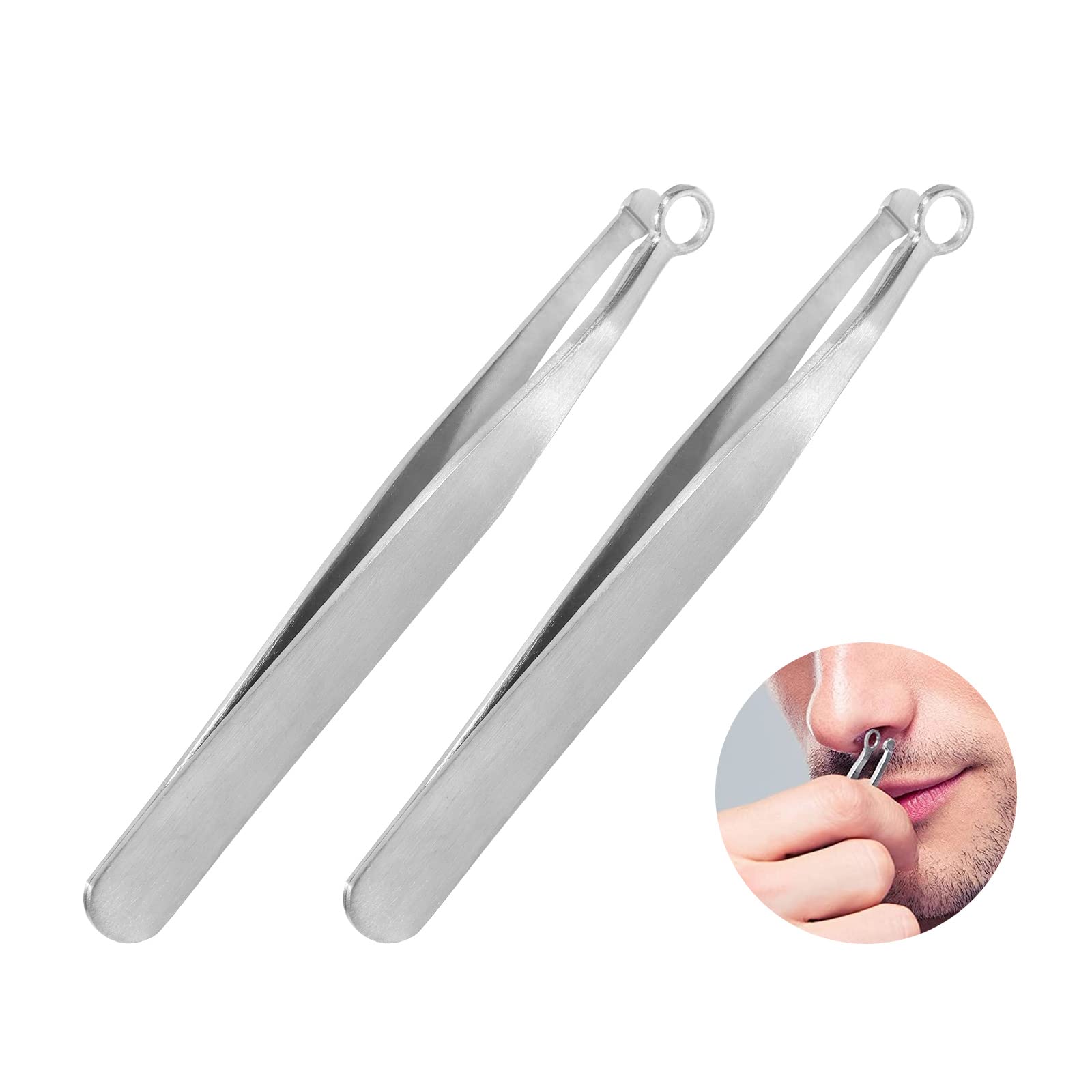 2 Pcs Universal Nose Hair Trimming Tweezers, Stainless Steel Nasal Clippers with Friendly Round Tip for Men & Women for Noses Hair, Brow, Sideburns & Body (Silver)