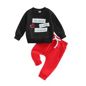 kosusanill baby boy valentines day outfit solid color letter print sweatshirt top drawstring pants 2pcs clothes set (red, 18-24 months)