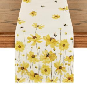 artoid mode yellow flowers daisy bees summer table runner, seasonal easter fall holiday kitchen dining table decoration for home party indoor 13x72 inch