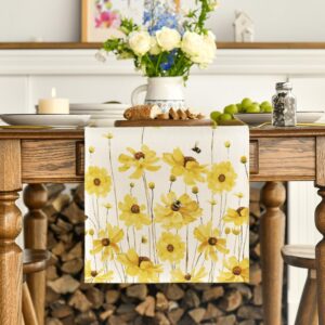 Artoid Mode Yellow Flowers Daisy Bees Summer Table Runner, Seasonal Easter Fall Holiday Kitchen Dining Table Decoration for Home Party Indoor 13x72 Inch