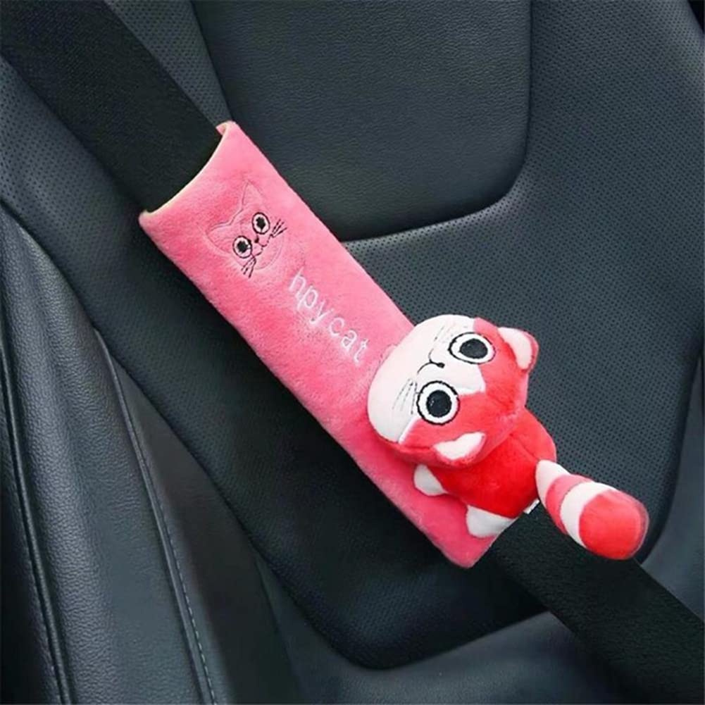 Katutude Car Seat Belt Cushion Car Seat Belt Strap Cover, Cute Animal Plush Shoulder Strap Pad Seat Belt Cover Adjustable Super Soft Belt Protector for Kids Adults, Red Cat