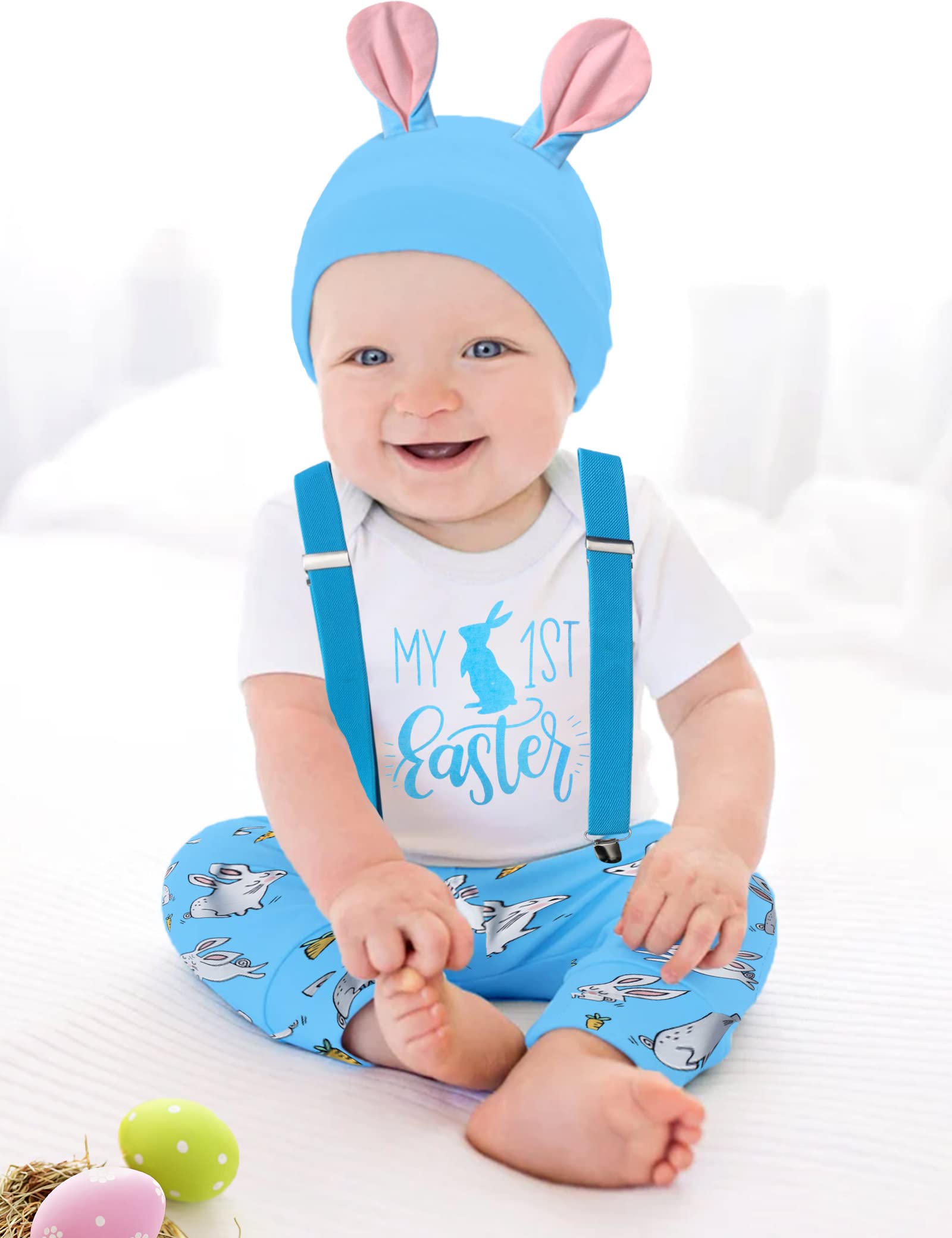 AGAPENG Baby Boy Easter Outfit Easter Outfit Baby Boy My First Easter Baby Boy Outfit Baby Boy Easter Outfit 0-3 Month Infant Short Sleeve Romper Bunny Suspender Pants Rabbit Ears Hat Blue