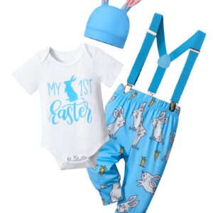 AGAPENG Baby Boy Easter Outfit Easter Outfit Baby Boy My First Easter Baby Boy Outfit Baby Boy Easter Outfit 0-3 Month Infant Short Sleeve Romper Bunny Suspender Pants Rabbit Ears Hat Blue