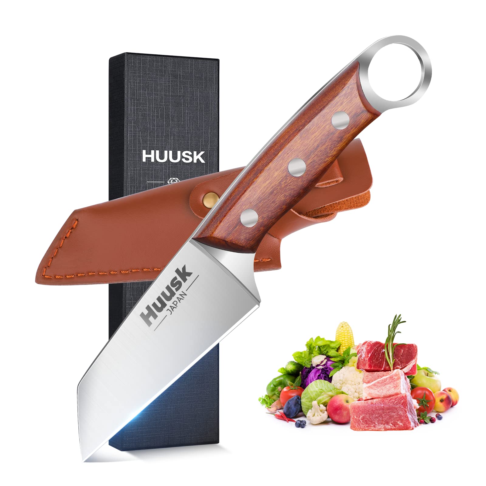 Huusk Japan Knife Small Meat Knife Portable Kitchen Knives for Steak Fruit Carbon Steel Boning Knife Vegetable Knife with Sheath Outdoor Cooking Knife for Kitchen BBQ Fishing and Camping, 4.25''