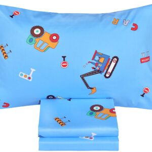 J-pinno Cars Vehicles Digger 100% Cotton 3 Pieces Cartoon Toddler Sheet Set for Kids Boys, Flat Sheet Fitted Sheet and Pillowcase, Cozy Breathable Unisex Nursery Crib Bedding Set (Blue Excavator)