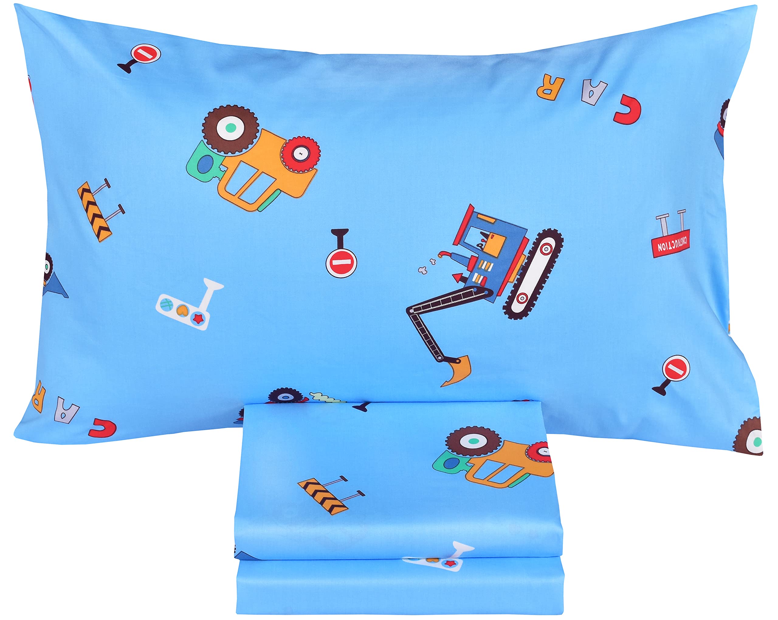 J-pinno Cars Vehicles Digger 100% Cotton 3 Pieces Cartoon Toddler Sheet Set for Kids Boys, Flat Sheet Fitted Sheet and Pillowcase, Cozy Breathable Unisex Nursery Crib Bedding Set (Blue Excavator)