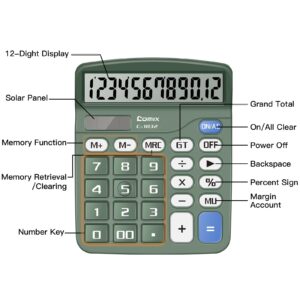 Comix Desktop Calculator 12 Digit with Large LCD Display and Big Button, 12 Digits Baisc Calculator, Solar Battery Dual Powered, for Office Home School C-1832(Green)