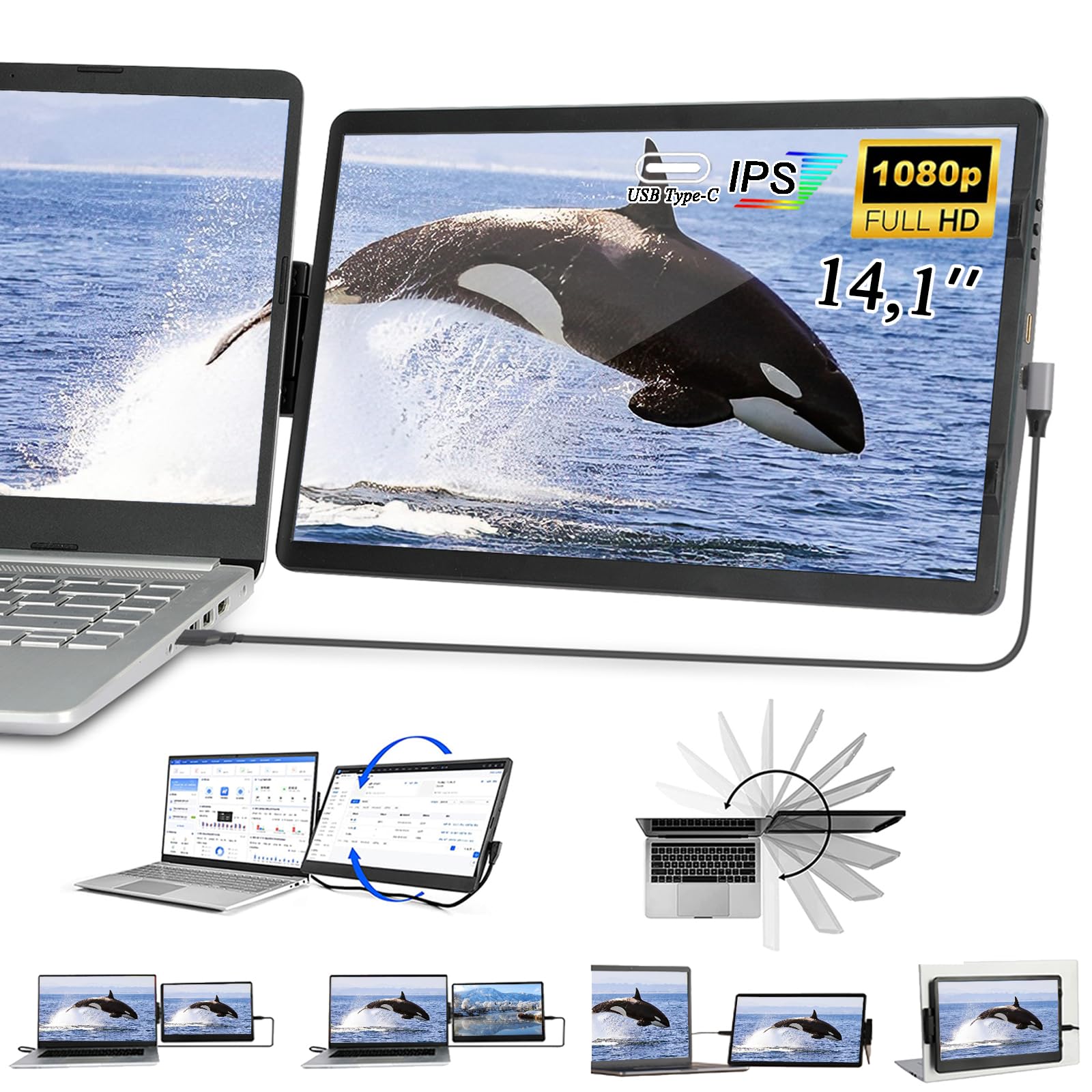 Laptop Screen Extender, 14.1" FHD 1080P IPS Laptop Monitor Extender Dual Screen, Swivel Attachable Portable Monitor for Laptop with USB-C/HDMI Port, Plug n Play for Windows/Mac/Android