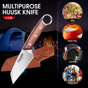 Huusk Japan Knife Small Meat Knife Portable Kitchen Knives for Steak Fruit Carbon Steel Boning Knife Vegetable Knife with Sheath Outdoor Cooking Knife for Kitchen BBQ Fishing and Camping, 4.25''