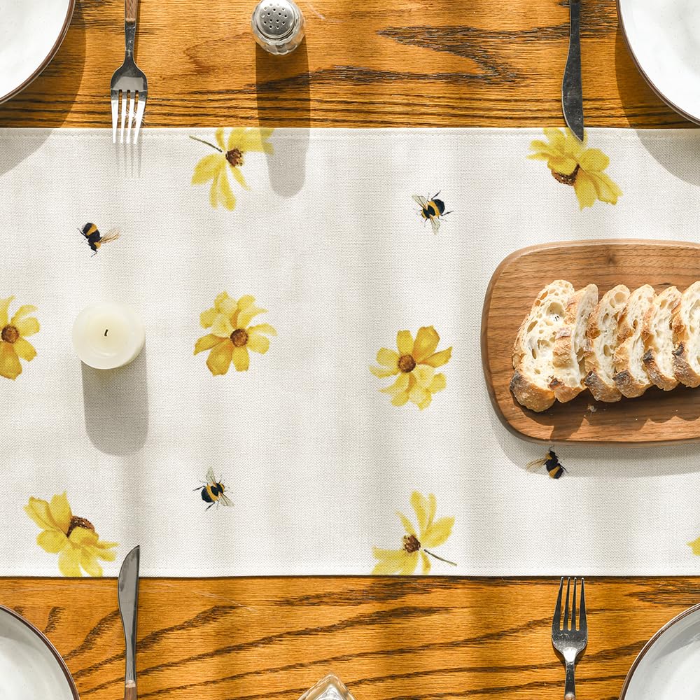 Artoid Mode Yellow Flowers Daisy Bees Summer Table Runner, Seasonal Easter Fall Holiday Kitchen Dining Table Decoration for Home Party Indoor 13x72 Inch