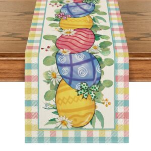 artoid mode buffalo plaid daisy egg easter table runner, seasonal kitchen dining table decoration for indoor home party 13x72 inch