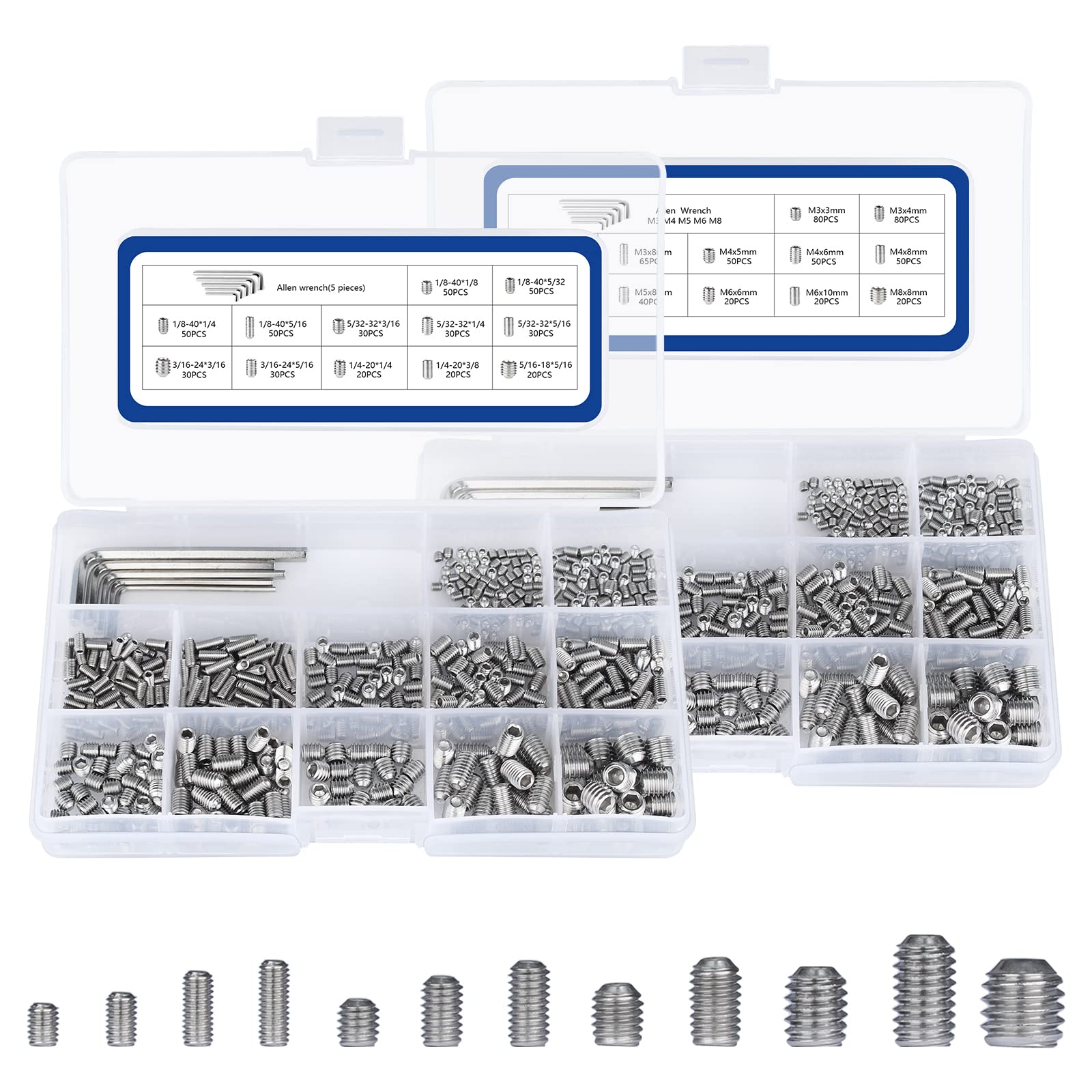 JROUTH 1000pcs Metric + SAE Set Screw Assortment Kit, Internal Hex Drive Cup-Point Allen Screws Set 304 Stainless Steel Grub Screw (M3-M8, 1/8""-40 to 5/16""-18)