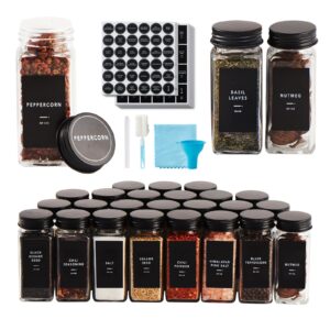 skiileor 48 pcs spice jars with label- glass spice jars with black metal caps,shaker lids, funnel, chalk pen, brush,cleaning cloth 4oz seasoning containers bottles for spice rack, cabinet, drawer