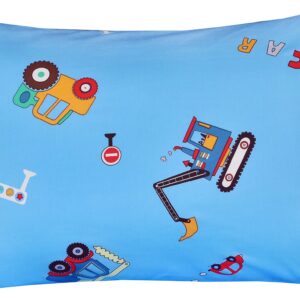 J-pinno Cars Vehicles Digger 100% Cotton 3 Pieces Cartoon Toddler Sheet Set for Kids Boys, Flat Sheet Fitted Sheet and Pillowcase, Cozy Breathable Unisex Nursery Crib Bedding Set (Blue Excavator)