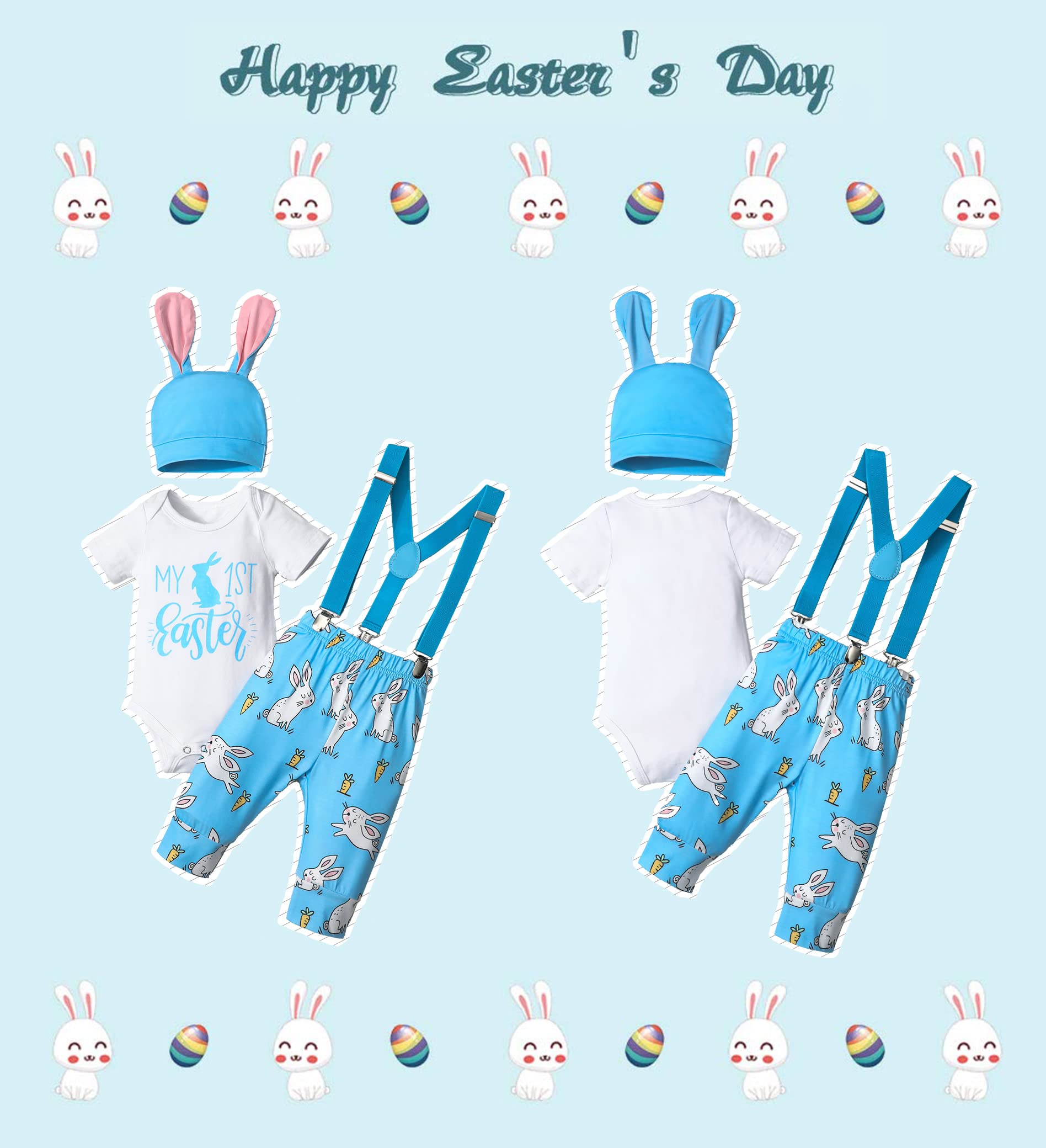 AGAPENG Baby Boy Easter Outfit Easter Outfit Baby Boy My First Easter Baby Boy Outfit Baby Boy Easter Outfit 0-3 Month Infant Short Sleeve Romper Bunny Suspender Pants Rabbit Ears Hat Blue