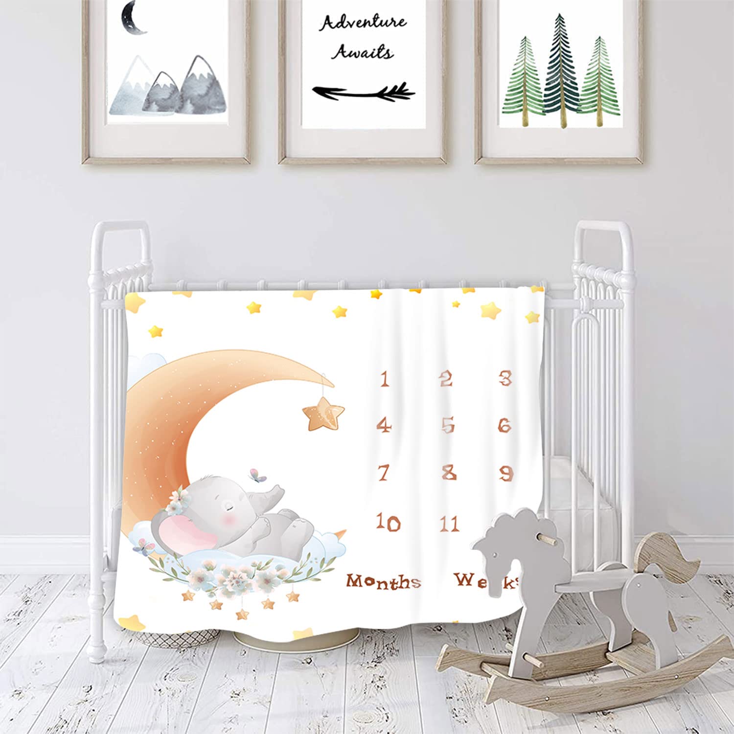 QICAIYUN Baby Milestone Monthly Blanket Elephant Desgin Baby First Year Calendar Growth Chart Play Mat Large 48" x48'' Baby Photography Props YUNBTZT114