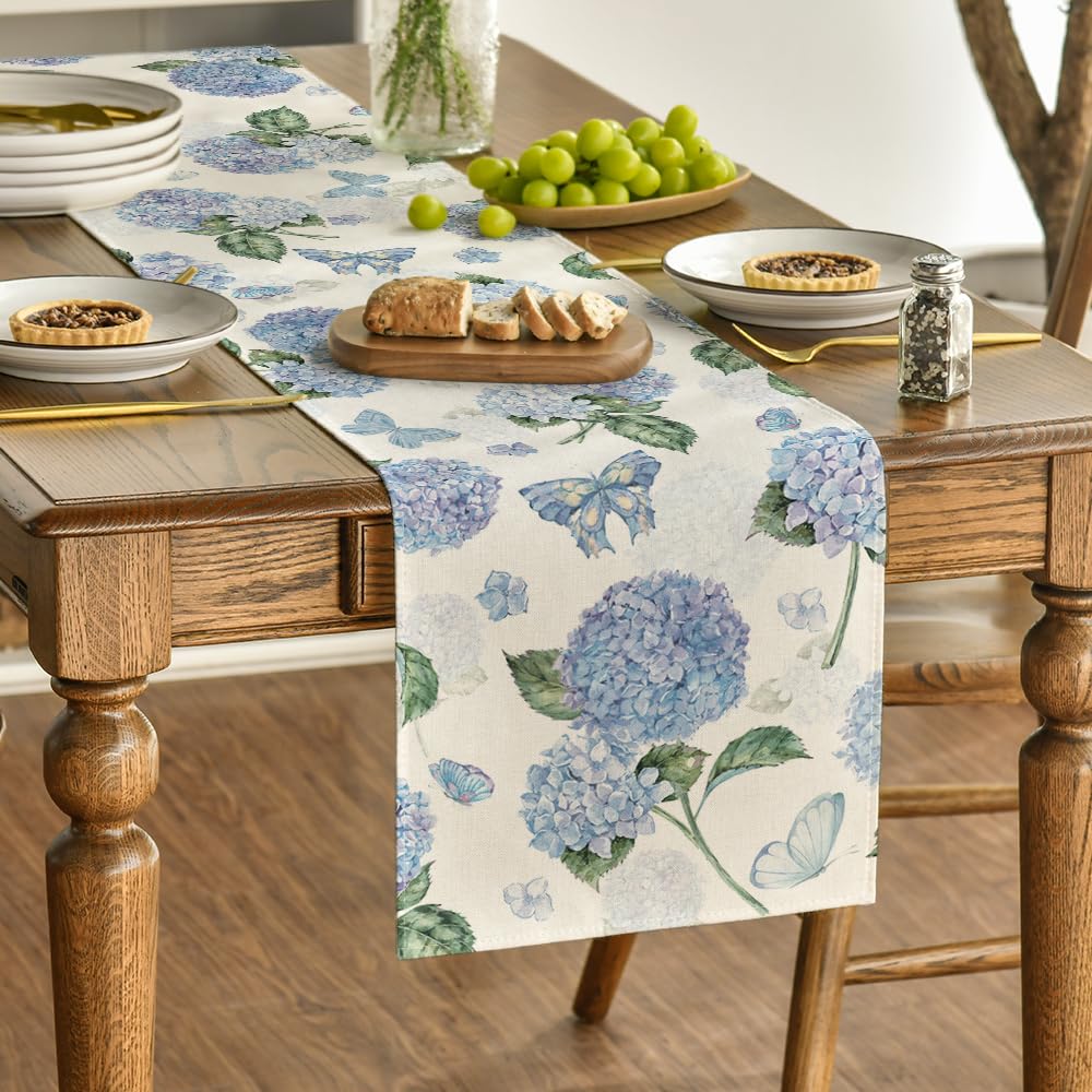 Artoid Mode Hydrangea Butterfly Summer Table Runner, Seasonal Spring Holiday Kitchen Dining Table Decoration for Home Party Indoor 13x72 Inch