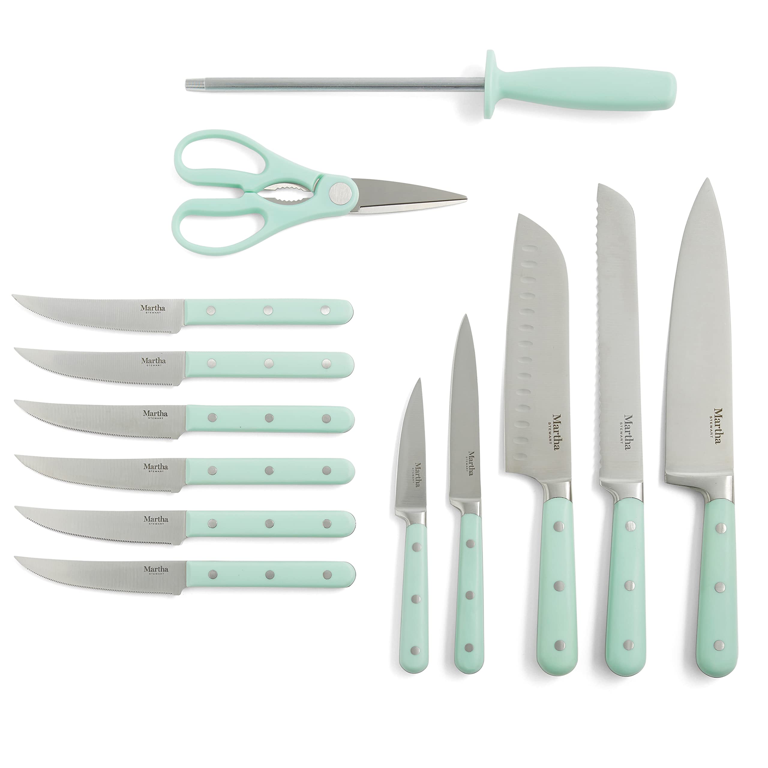 MARTHA STEWART Eastwalk 14 Piece High Carbon Stainless Steel Cutlery Knife Block Set w/ABS Triple Riveted Forged Handle Acacia Wood Block - Martha Blue