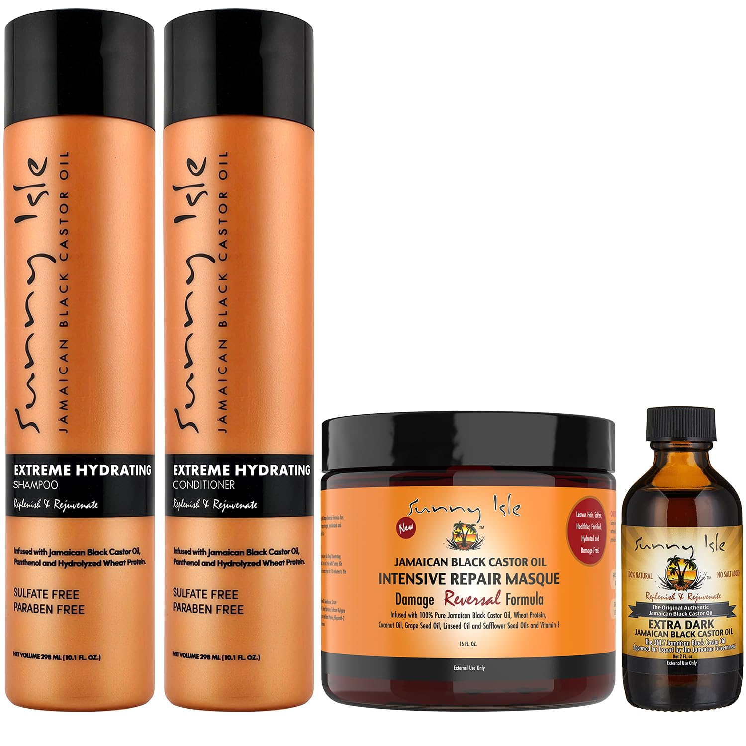 Sunny Isle Jamaican Black Castor Oil Extreme Hydrating Shampoo & Conditioner 10.1oz, Intensive Repair Masque 16oz and Extra Dark JBCO 2oz, 4-Piece Hair Growth Repair Bundle