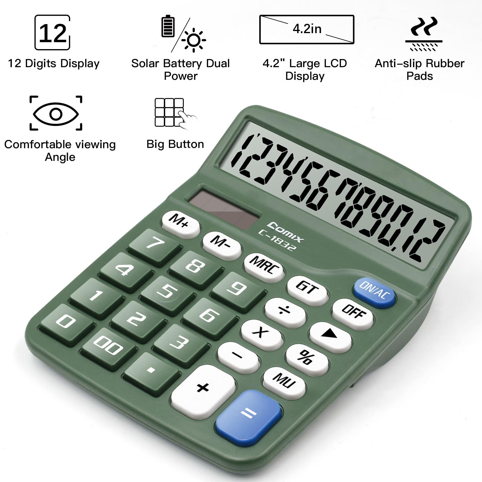 Comix Desktop Calculator 12 Digit with Large LCD Display and Big Button, 12 Digits Baisc Calculator, Solar Battery Dual Powered, for Office Home School C-1832(Green)