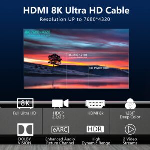 Eareyesail 8K HDMI 2.1 Cable 6 FT,48Gbps Ultra High Speed Gaming Braided Cables Support 8K@60HZ/4K@120Hz,eARC,Dynamic HDR,HDCP 2.2/2.3,3D,VRR for 120fps Monitor PS5/PS4/X-Box/Roku TV/RTX3080/3090