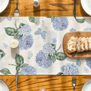 Artoid Mode Hydrangea Butterfly Summer Table Runner, Seasonal Spring Holiday Kitchen Dining Table Decoration for Home Party Indoor 13x72 Inch