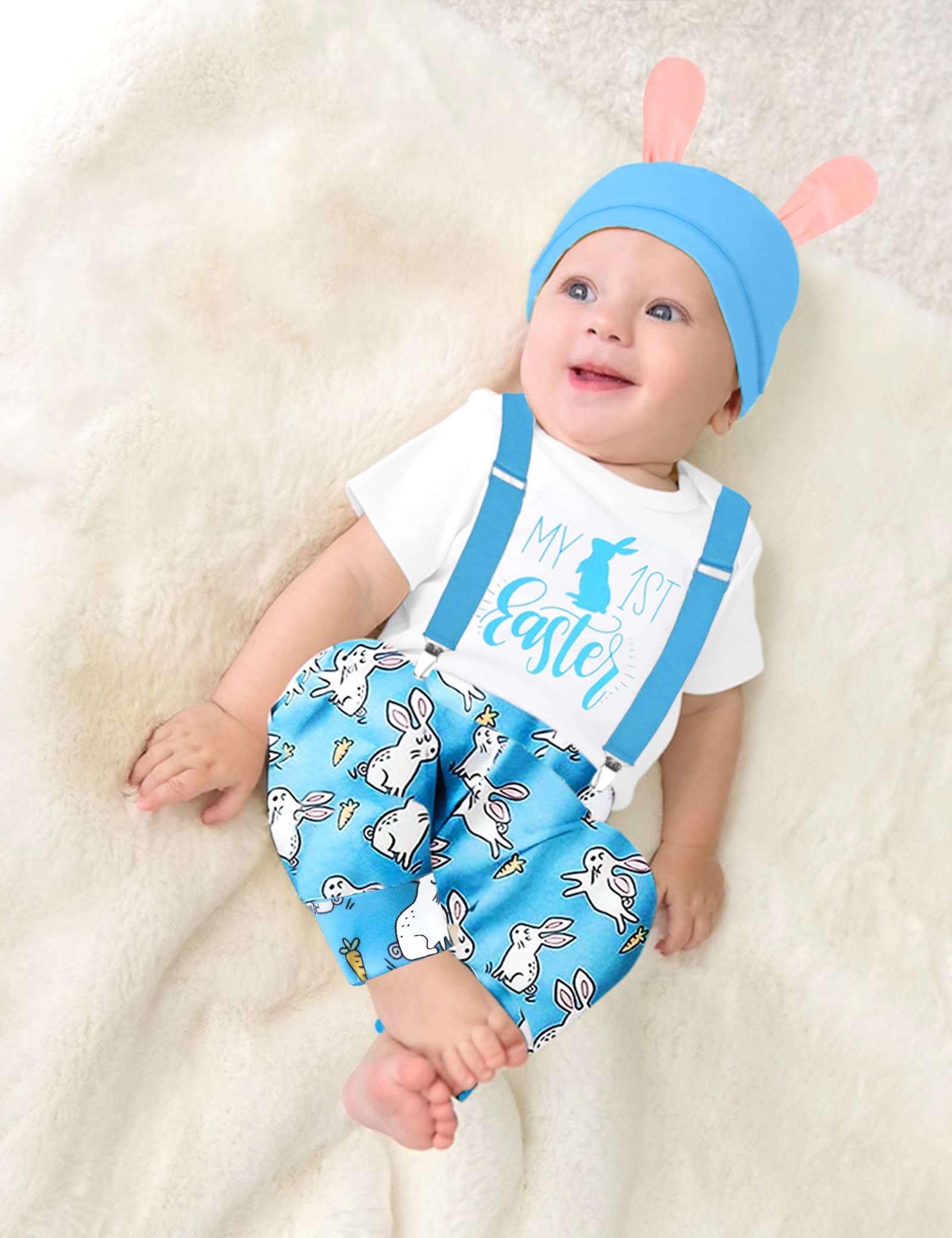 AGAPENG Baby Boy Easter Outfit Easter Outfit Baby Boy My First Easter Baby Boy Outfit Baby Boy Easter Outfit 0-3 Month Infant Short Sleeve Romper Bunny Suspender Pants Rabbit Ears Hat Blue