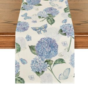 artoid mode hydrangea butterfly summer table runner, seasonal spring holiday kitchen dining table decoration for home party indoor 13x72 inch