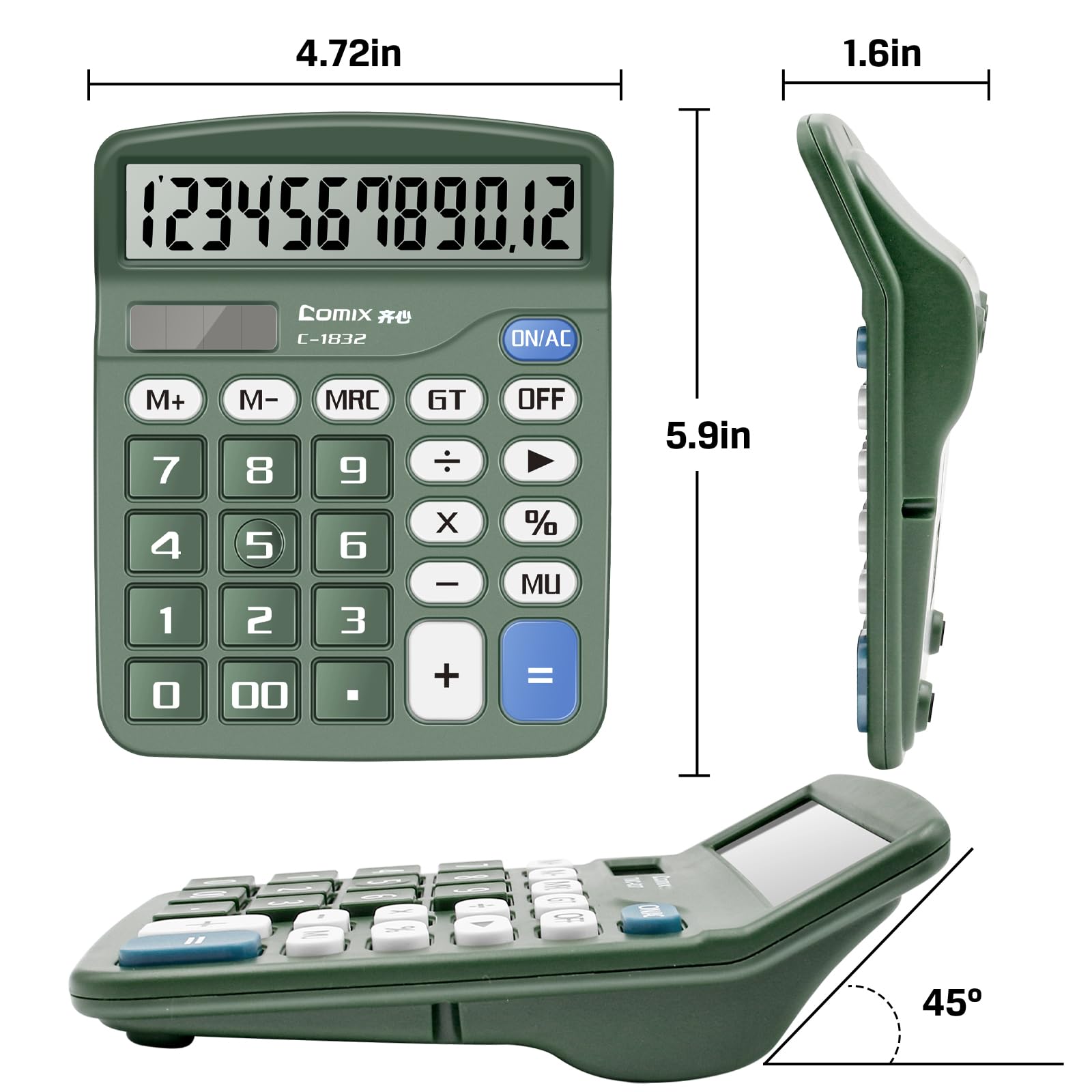 Comix Desktop Calculator 12 Digit with Large LCD Display and Big Button, 12 Digits Baisc Calculator, Solar Battery Dual Powered, for Office Home School C-1832(Green)