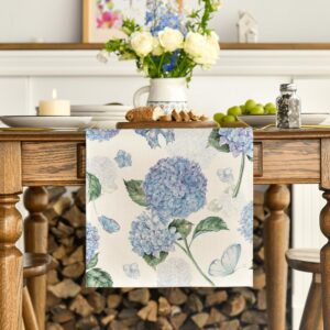 Artoid Mode Hydrangea Butterfly Summer Table Runner, Seasonal Spring Holiday Kitchen Dining Table Decoration for Home Party Indoor 13x72 Inch