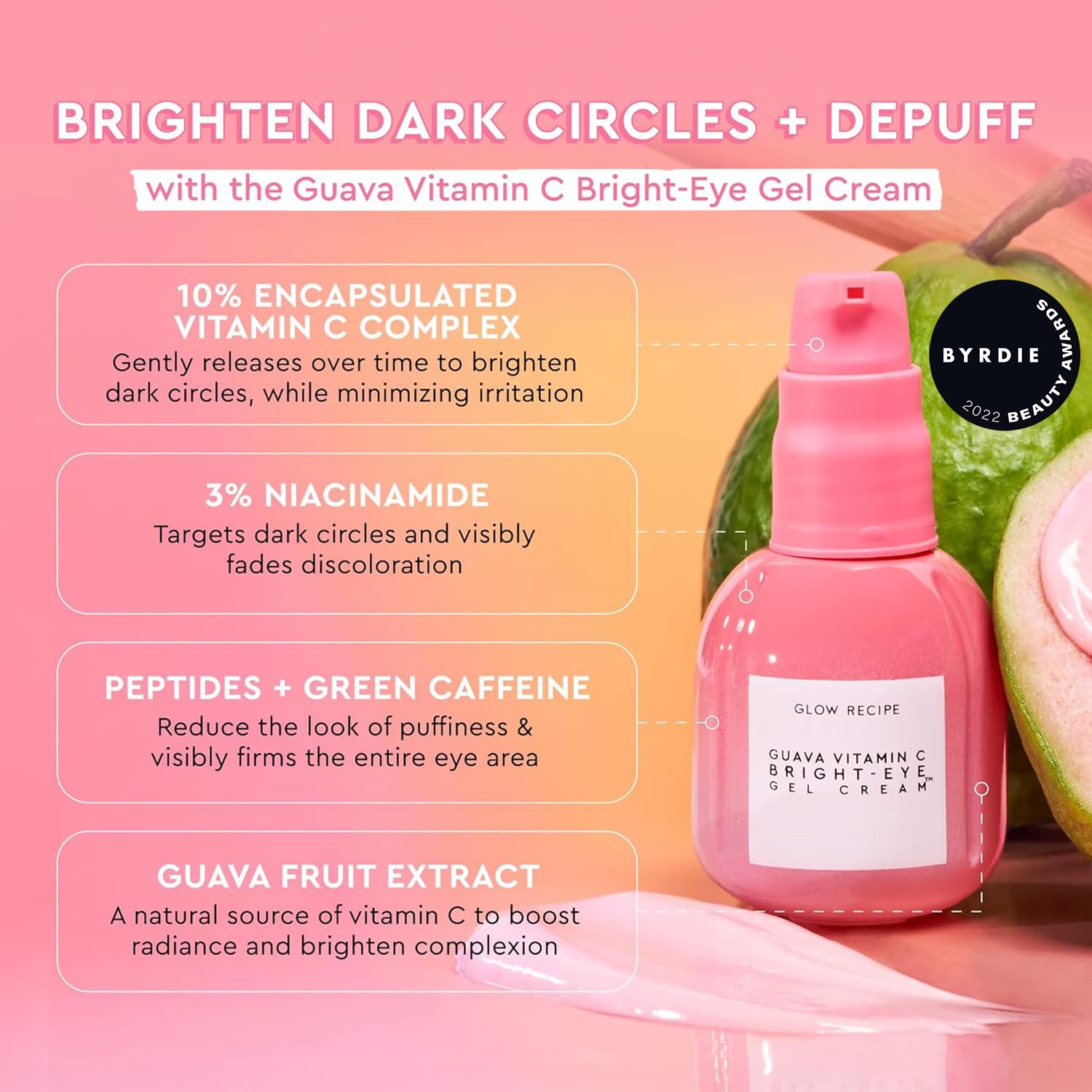 Glow Recipe Guava Vitamin C Brightening Eye Cream - Hydrating Under Eye Cream with Niacinamide, Peptides & Caffeine - Firming & Illuminating Dark Circles Under Eye Treatment for Puffiness (15ml)