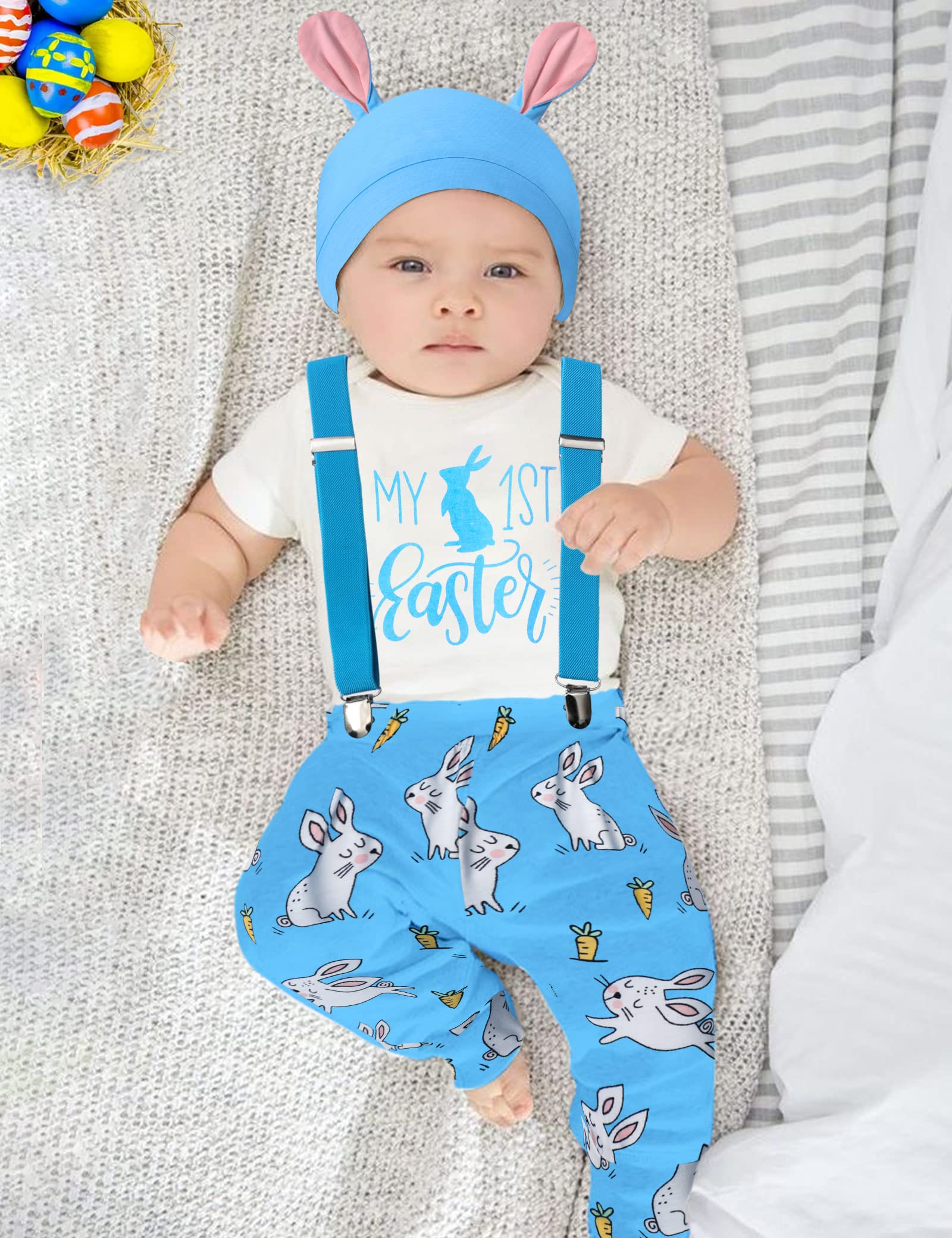 AGAPENG Baby Boy Easter Outfit Easter Outfit Baby Boy My First Easter Baby Boy Outfit Baby Boy Easter Outfit 0-3 Month Infant Short Sleeve Romper Bunny Suspender Pants Rabbit Ears Hat Blue