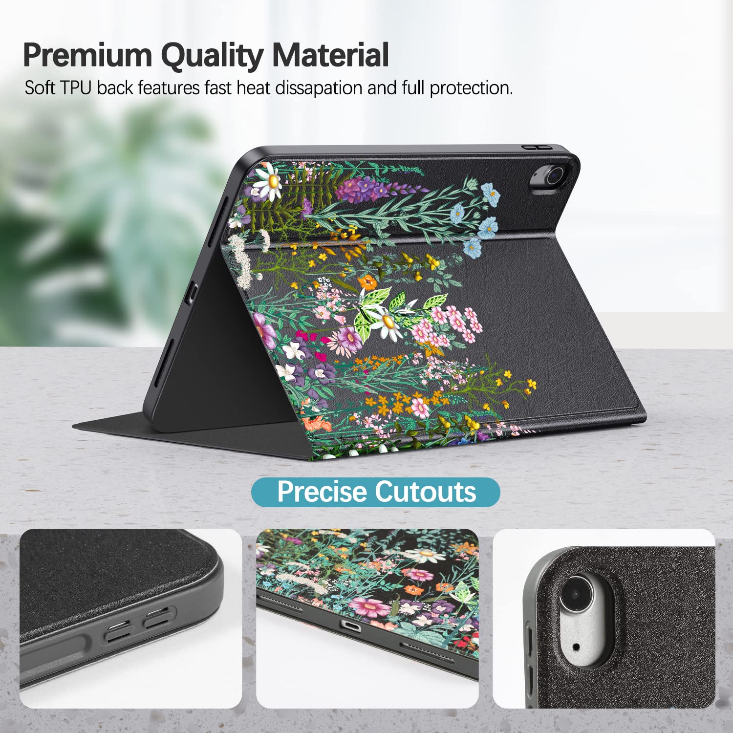 Case for iPad 10th Generation 2022 iPad 10.9 Inch - Multi-Angle Viewing & Auto Wake/Sleep, PU Leather Protective Folio Stand Cover for iPad 10th Gen 10.9 inch 2022, Soft TPU Back, Black Floral