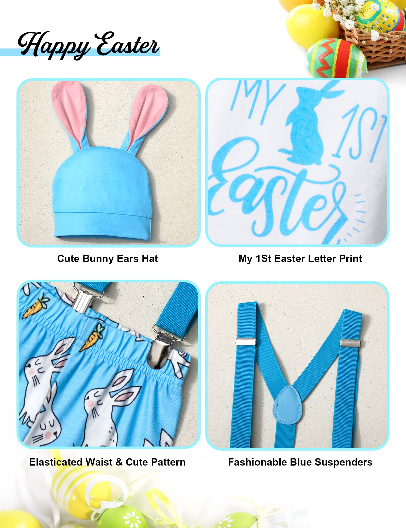 AGAPENG Baby Boy Easter Outfit Easter Outfit Baby Boy My First Easter Baby Boy Outfit Baby Boy Easter Outfit 0-3 Month Infant Short Sleeve Romper Bunny Suspender Pants Rabbit Ears Hat Blue